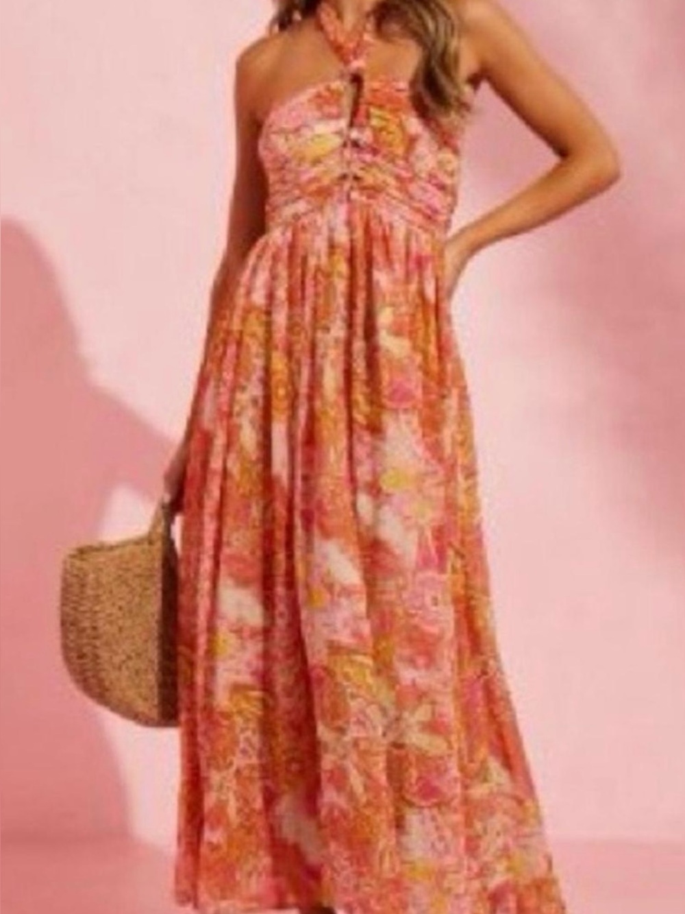 DRESS FORUM Los Angeles Floral Pink Halter Maxi Dress M